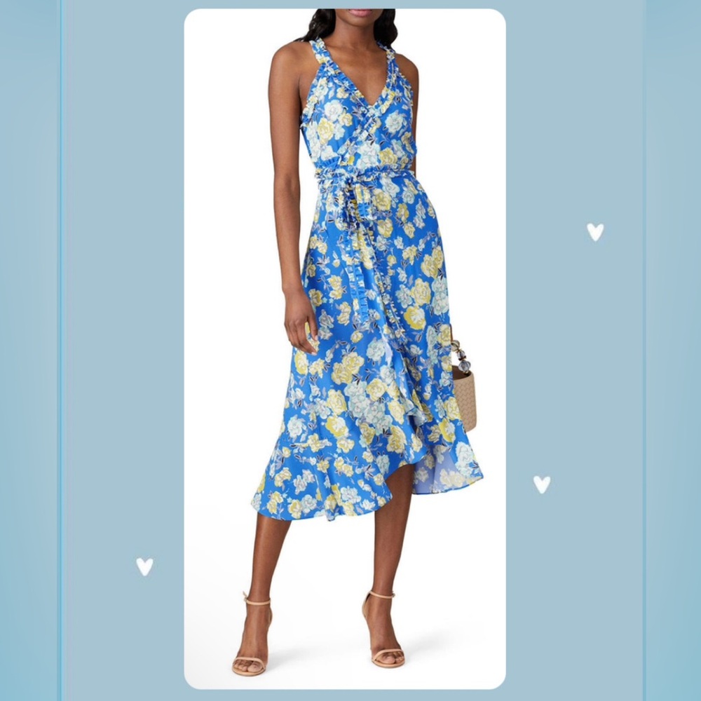 Jason Wu Blue wrap Floral printed ruffle Sleeveless Midi Dress EUC Sz 2 $595